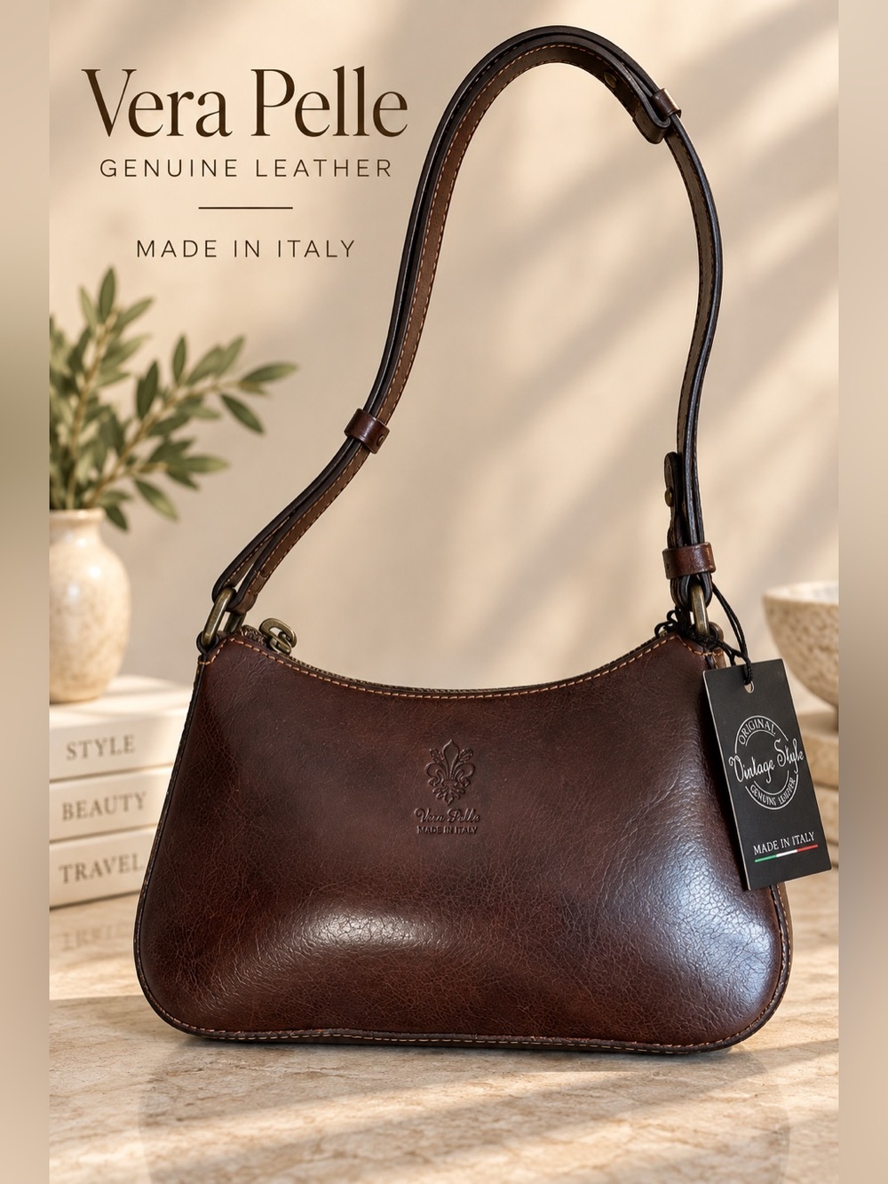 Vera Pelle Italian Genuine Leather Brown Shoulder Bag NWT